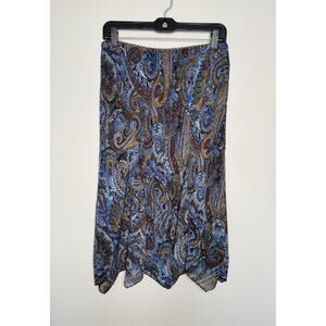 BIYAYCDA Y2K Retro Blue Brown Chiffon Paisley Handkerchief Midi Skirt - Small